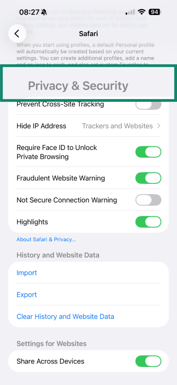 Safari settings on iPhone with the Privacy & Security section highlighted