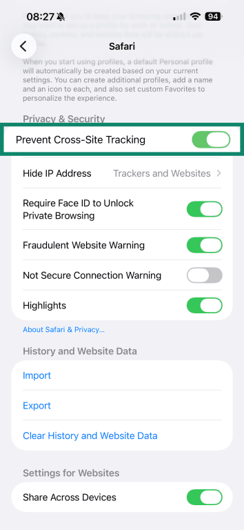 Safari settings on iPhone with Prevent Cross-Site Tracking enabled and highlighted