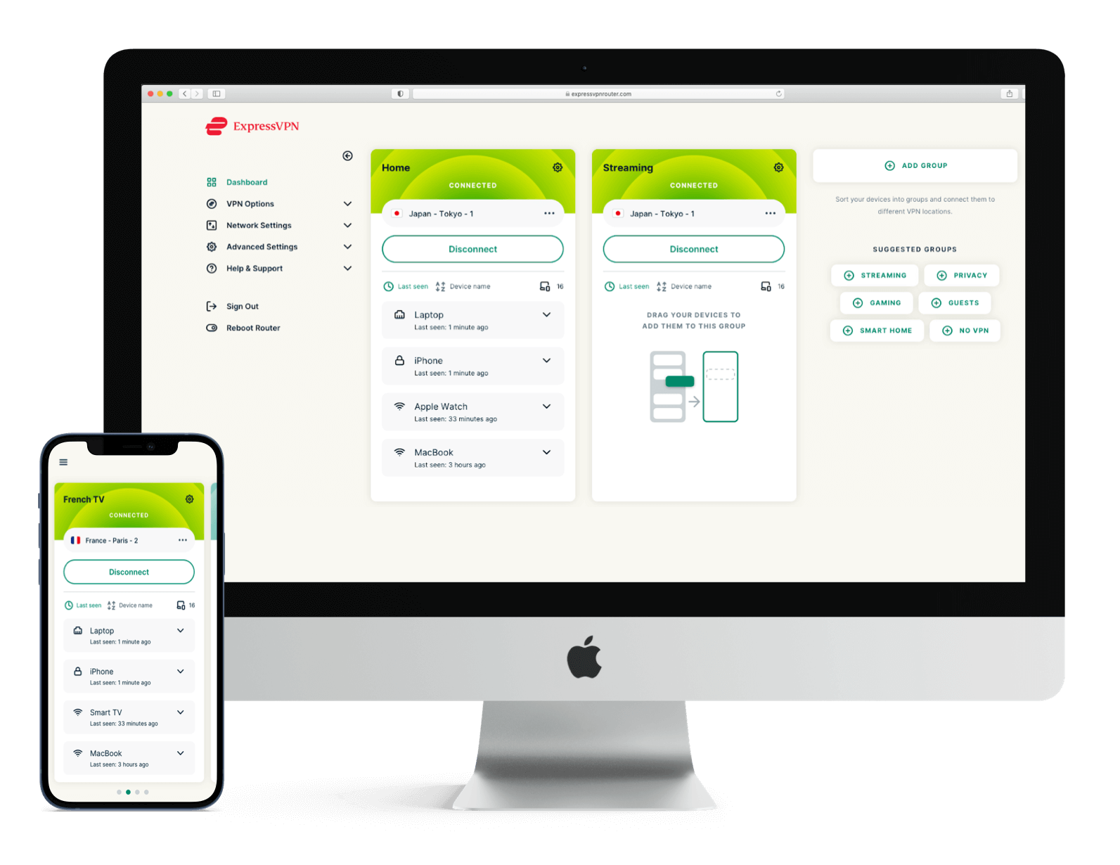 ExpressVPN yönlendirici arayüzünün bulunduğu birden fazla ekran.